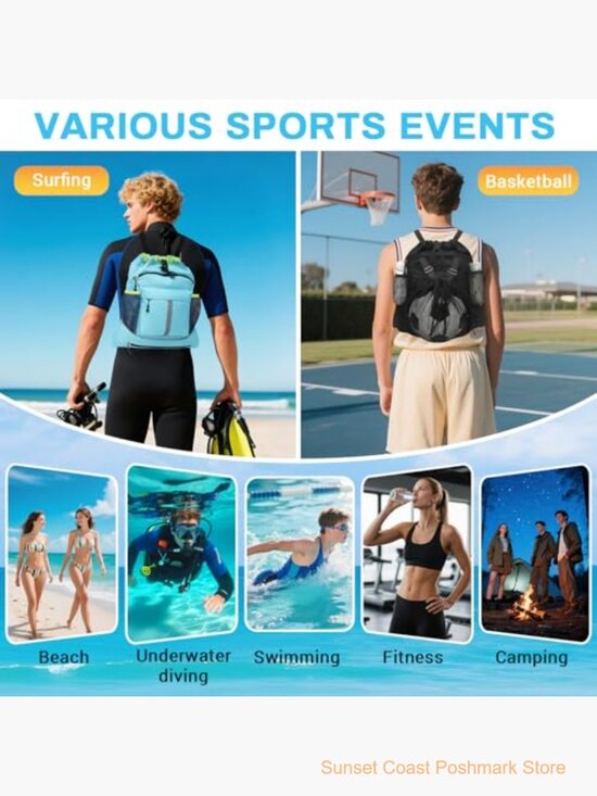 Waterproof Nylon Drawstring Backpack with Wet Pocket and Ball Net